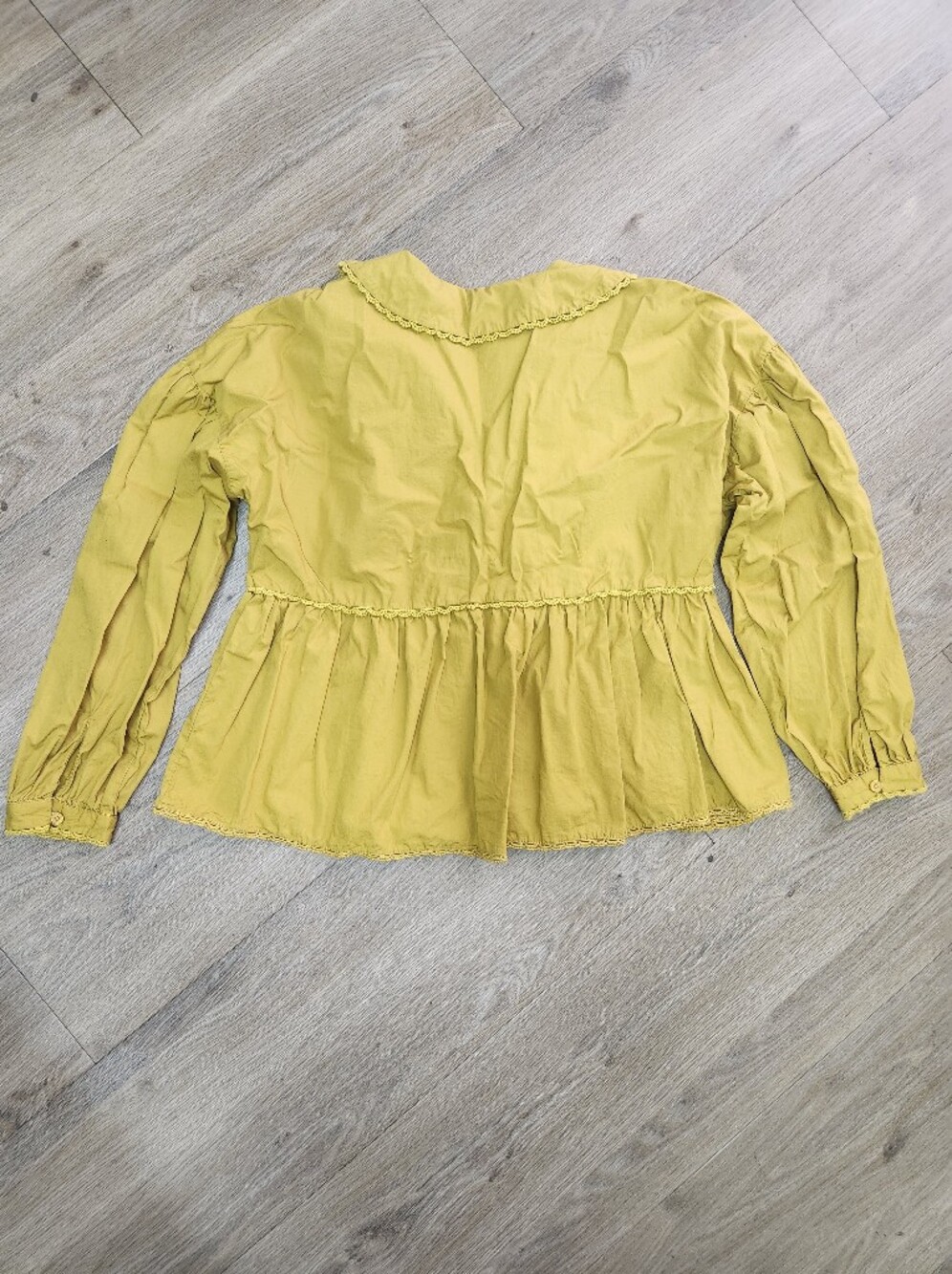 Calligraphie Anthropologie Mustard Yellow Tie Front Peplum Blouse Lace Trim - Picture 3 of 4